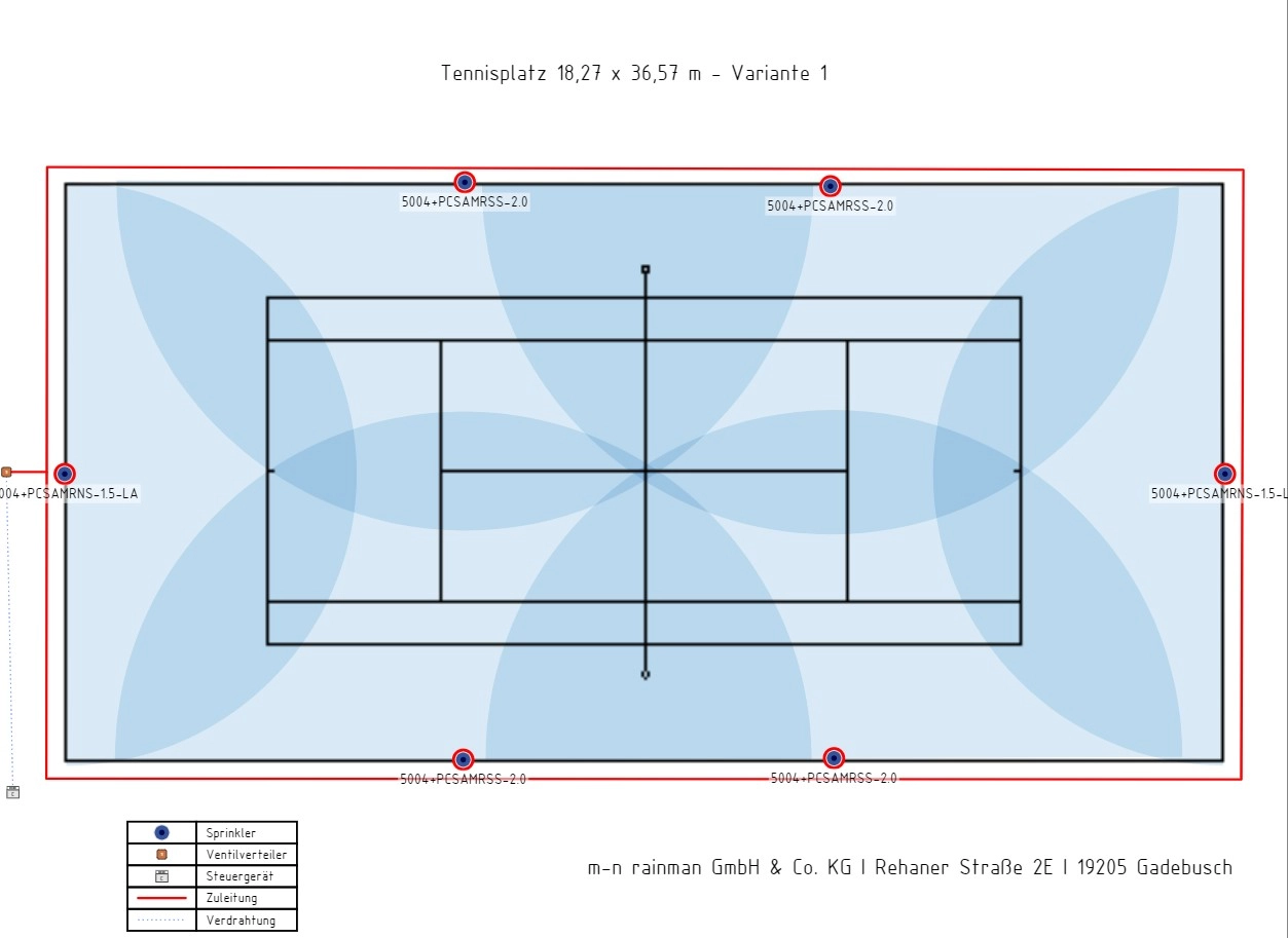 Tennisplatz_Variante_1 Übersicht Regnerplatzierung und Rohrverlegung